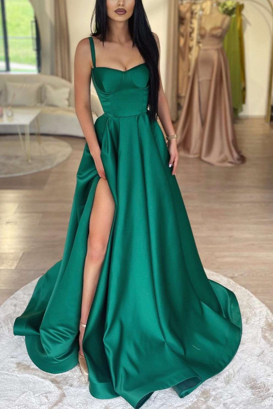 A-Line Spaghetti Straps Empire-Waist Satin Pleated Long Prom Dress with Slit