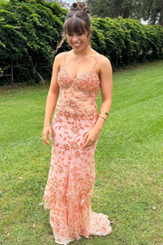 Stunning Spaghetti Straps Appliques Mermaid Red Long Prom Dress