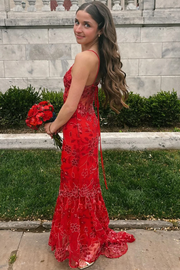 Stunning Spaghetti Straps Appliques Mermaid Red Long Prom Dress