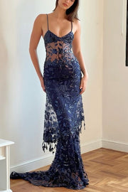 Stunning Spaghetti Straps Appliques Mermaid Red Long Prom Dress