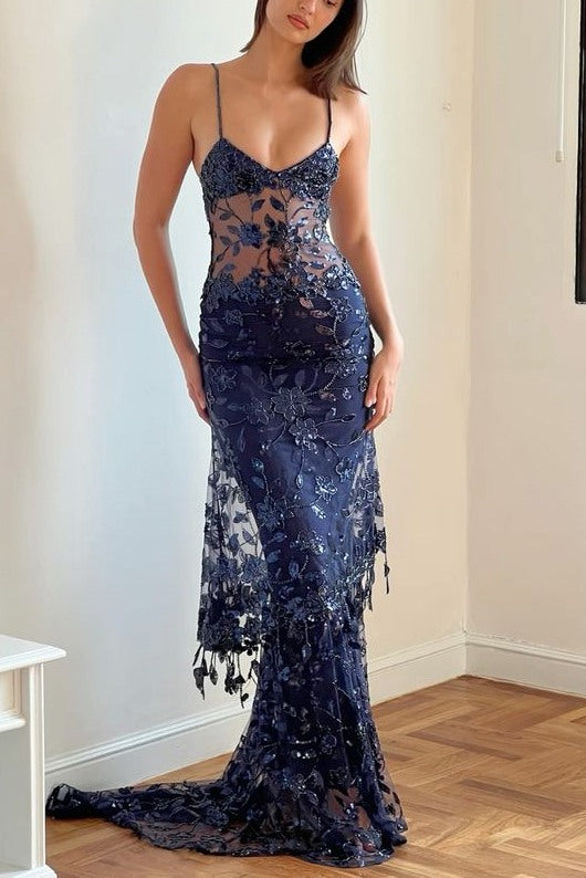 Stunning Spaghetti Straps Appliques Mermaid Red Long Prom Dress