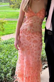 Stunning Spaghetti Straps Appliques Mermaid Red Long Prom Dress