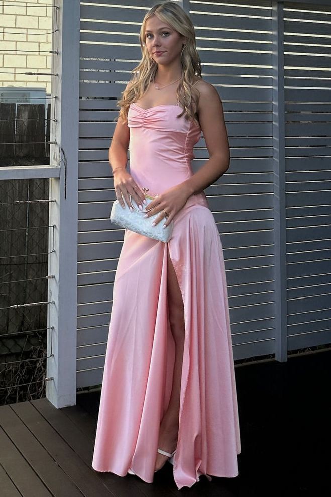 Simple Pink Spaghetti Straps Satin Long Prom Formal Dress with Slit