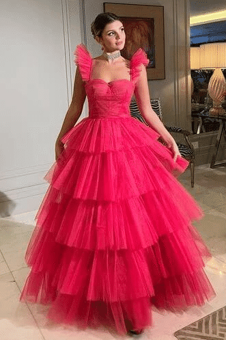 A-Line Straps Sweetheart Tiered Tulle Sleeveless Long Prom Dress