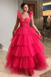 A-Line Straps Sweetheart Tiered Tulle Sleeveless Long Prom Dress