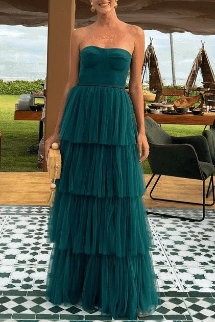 Classy Green Strapless Tiered Tulle Long Prom Formal Dress