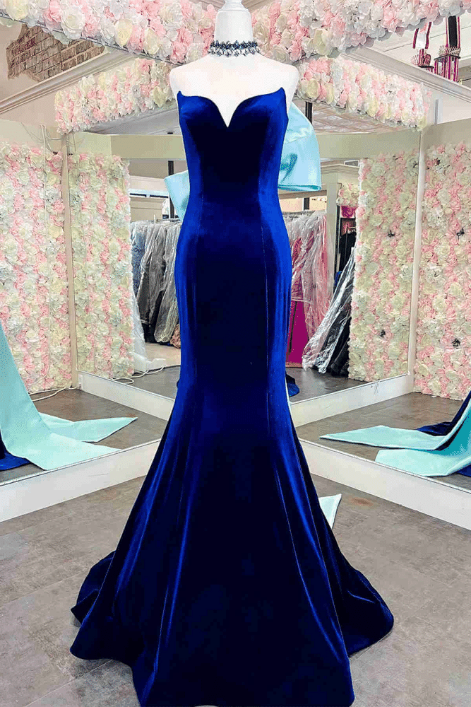 Mermaid Strapless V-Neck Velvet Long Prom Formal Dress with Bow – Modsele