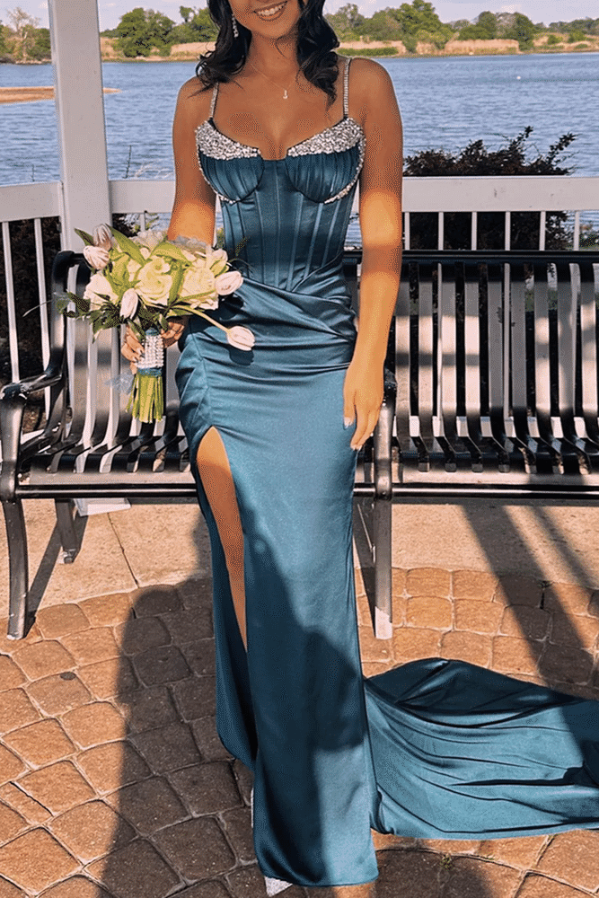 Spaghetti Straps Beads Pleated Satin Mermaid Prom Formal Dress with Slit