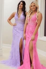 Halter V-Neck Lace Appliques Mermaid Long Prom Dress with Slit