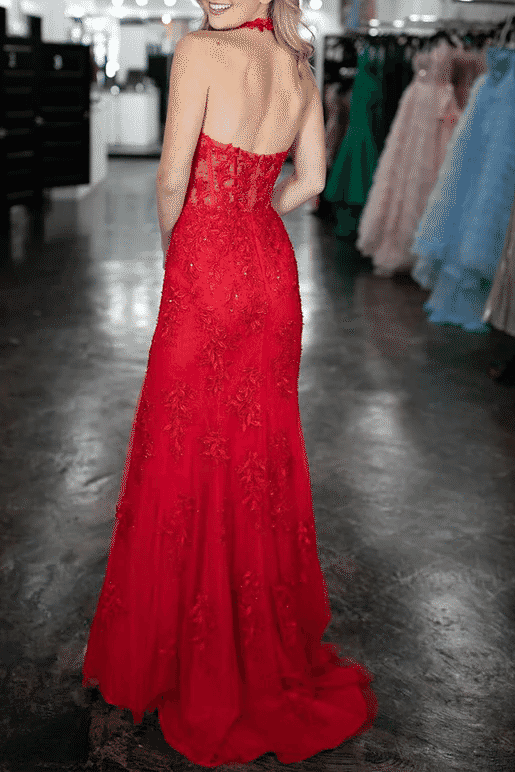 Halter V-Neck Lace Appliques Mermaid Long Prom Dress with Slit