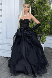 A-Line Strapless Sweetheart Ruched Black Long Prom Formal Dress