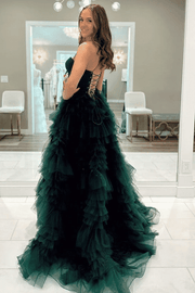 Ruffles Spaghetti Straps Sweetheart Tulle Green Long Prom Dress with Slit