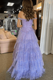 Off-Shoulder A-Line Empire-Waist Sequins Tulle Purple Long Prom Dress