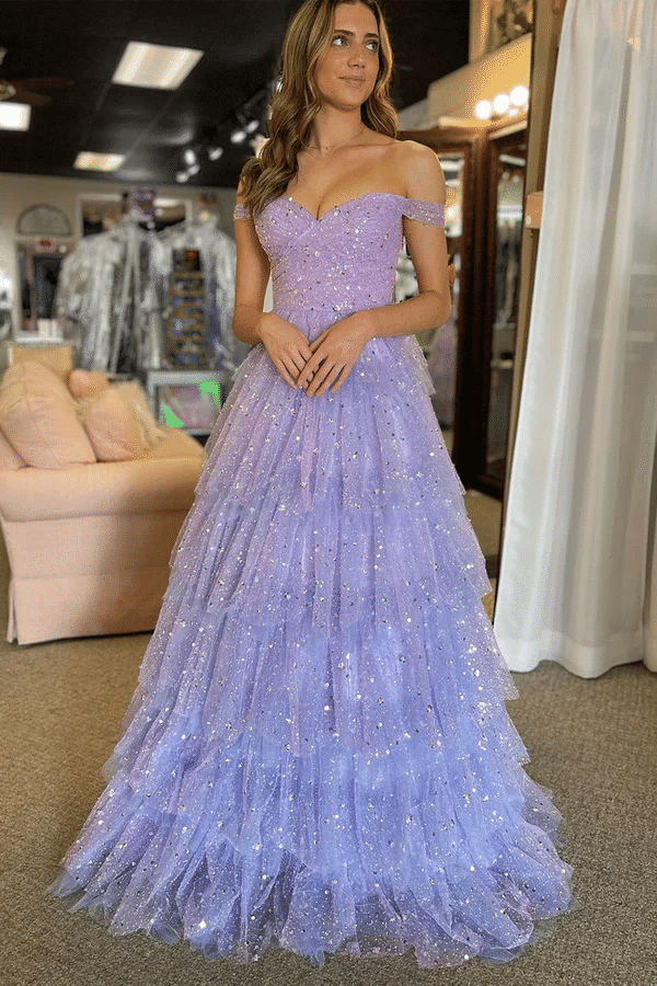 Off-Shoulder A-Line Empire-Waist Sequins Tulle Purple Long Prom Dress –  Modsele