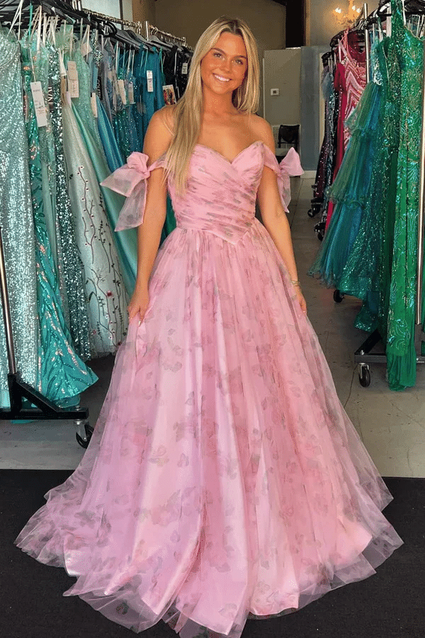 A-Line Pink Printing Off-Shoulder Tulle Long Prom Formal Dress