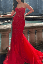 Red Strapless Mermaid Appliques Sleeveless Sweetheart Prom Dress