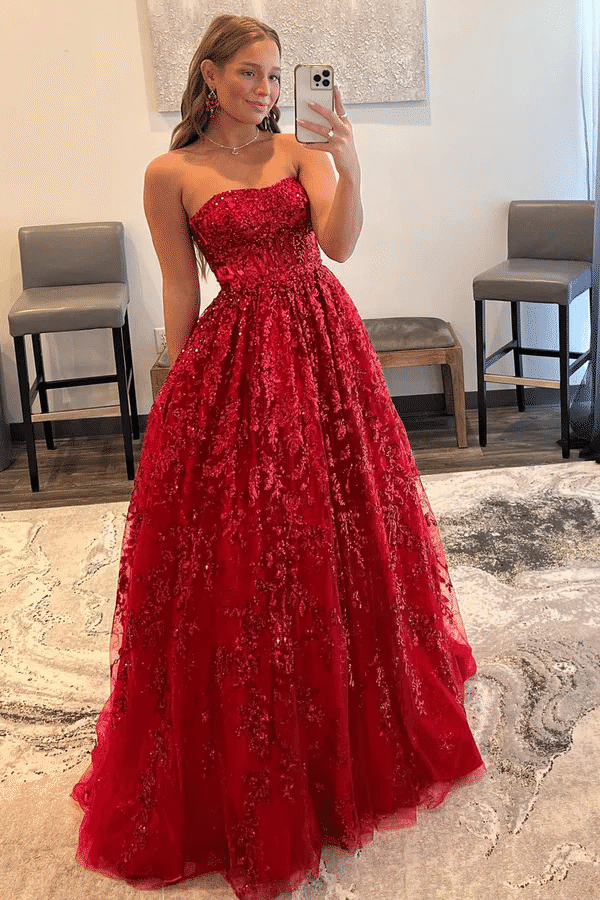 A-Line Strapless Empire-Waist Sleeveless Appliques Long Prom Dress