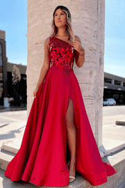 A-Line Red One Shoulder Mirror-Cut Sequins Long Prom Dress with Slit