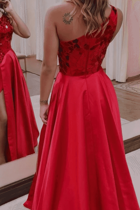 A-Line Red One Shoulder Mirror-Cut Sequins Long Prom Dress with Slit