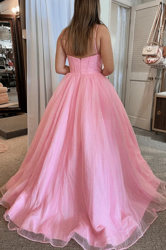 A-Line Spaghetti Straps Sweetheart Tulle Pleated Prom Formal Dress