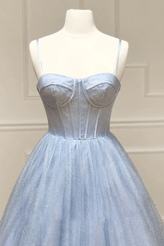 A-Line Spaghetti Straps Sweetheart Tulle Pleated Prom Formal Dress