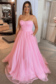 A-Line Spaghetti Straps Sweetheart Tulle Pleated Prom Formal Dress