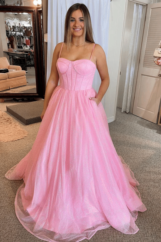 A-Line Spaghetti Straps Sweetheart Tulle Pleated Prom Formal Dress