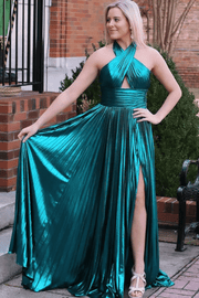 Cross-Neck A-Line Pleated Metallic Sleeveless Long Prom Formal Dress