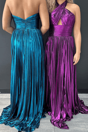 Cross-Neck A-Line Pleated Metallic Sleeveless Long Prom Formal Dress