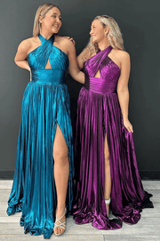 Cross-Neck A-Line Pleated Metallic Sleeveless Long Prom Formal Dress