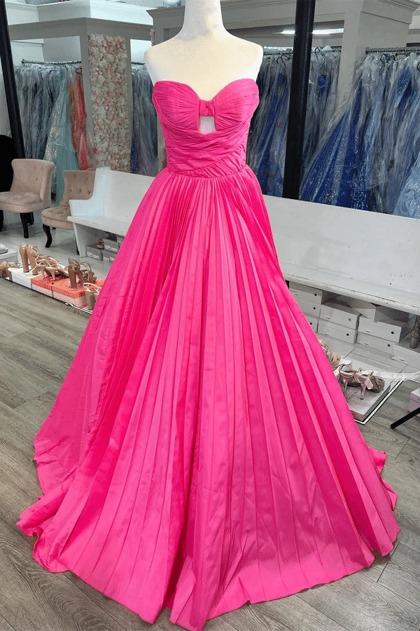 Strapless A-Line Bow Pleated Satin Sleeveless Long Prom Formal Dress