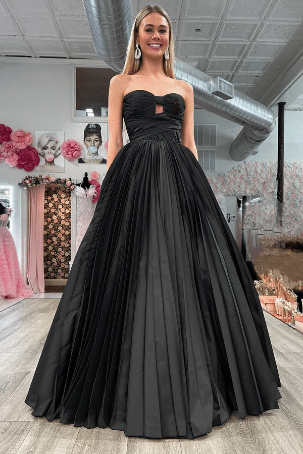 Strapless A-Line Bow Pleated Satin Sleeveless Long Prom Formal Dress