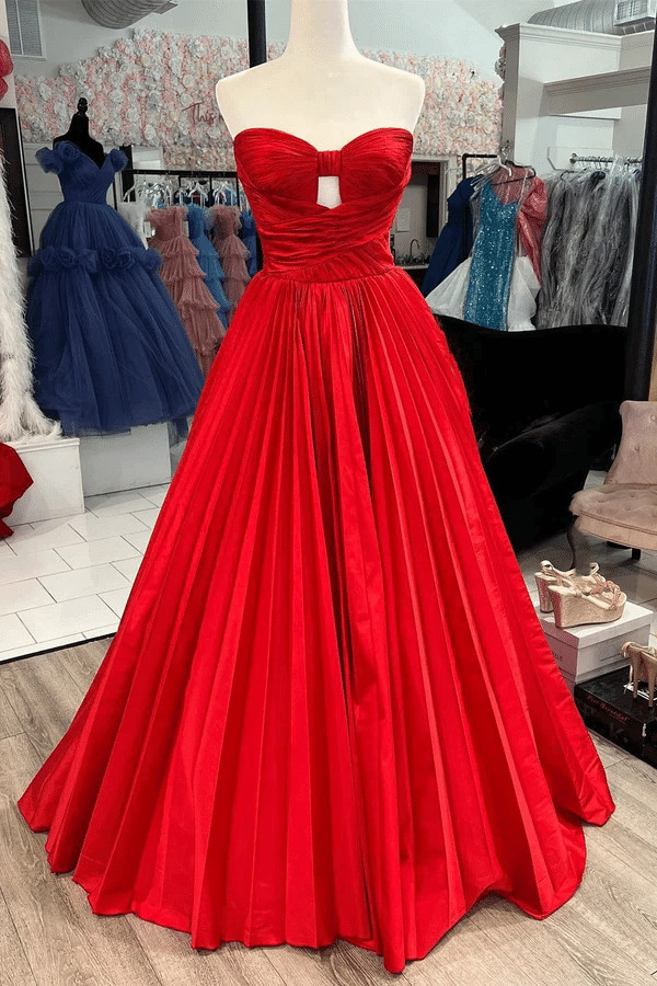 Strapless A-Line Bow Pleated Satin Sleeveless Long Prom Formal Dress