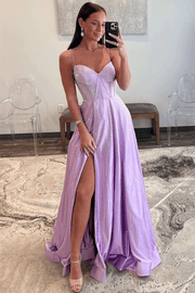 Purple Spaghetti Straps Rhinestone Pleated Long Prom Dress with Slit