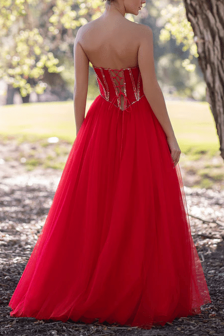 Red Strapless Beads Empire-Waist Sleeveless Tulle Long Prom Formal Dress