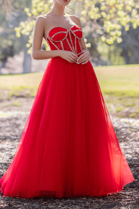 Red Strapless Beads Empire-Waist Sleeveless Tulle Long Prom Formal Dress