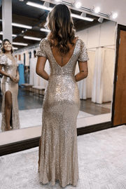 Sequined Mermaid V-Neck Short Sleeves Long Prom Dress with Slit