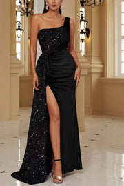 One Shoulder A-Line Sequins Pleated Velvet Long Prom Dress with Slit