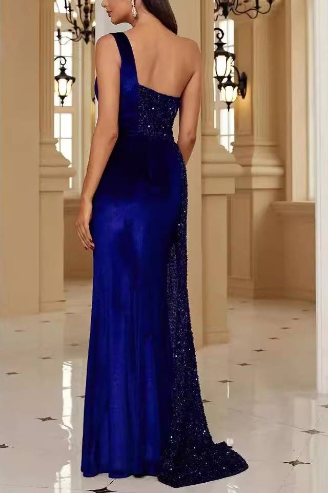 One Shoulder A-Line Sequins Pleated Velvet Long Prom Dress with Slit