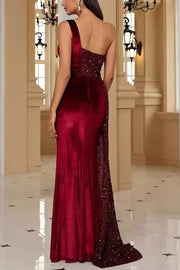 One Shoulder A-Line Sequins Pleated Velvet Long Prom Dress with Slit