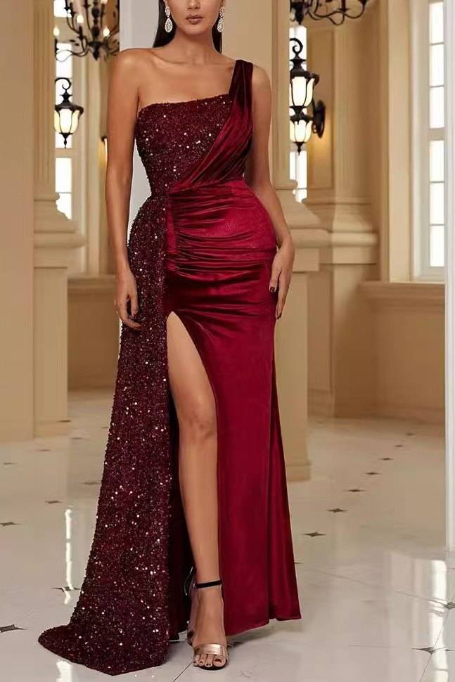 One Shoulder A-Line Sequins Pleated Velvet Long Prom Dress with Slit