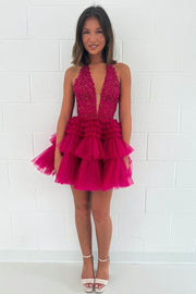 Halter Plunging V-Neck Sleeveless Ruffles Short Homecoming Dress