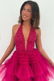 Halter Plunging V-Neck Sleeveless Ruffles Short Homecoming Dress