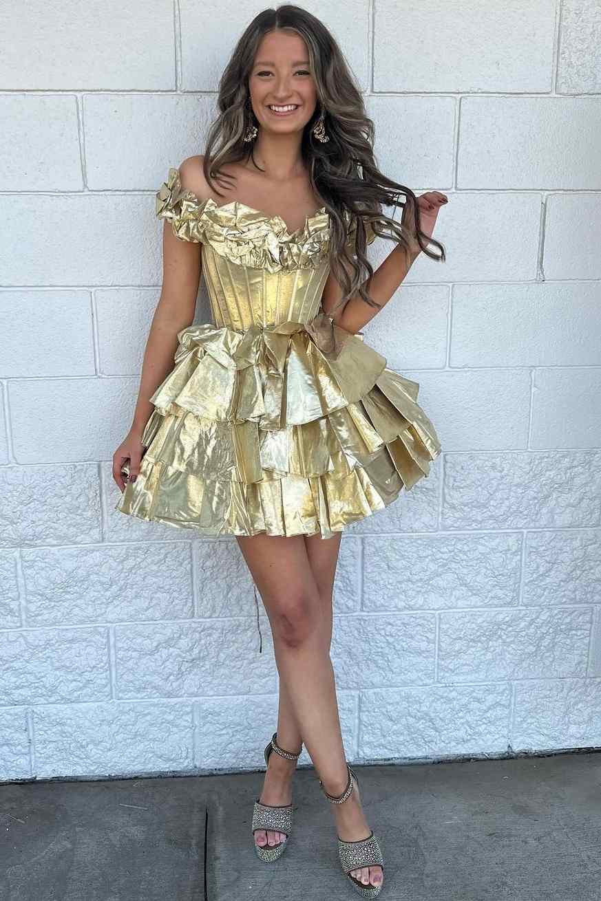 Off the Shoulder Tiered Metallic Ruched Short Homecoming Dress Modsele Off the Shoulder Tiered Metallic Ruched Short Homecoming Dress Modsele