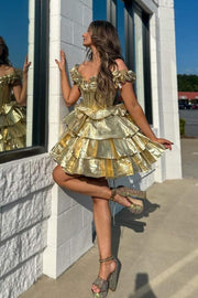 Off the Shoulder Tiered Metallic Ruched Short Homecoming Dress