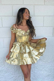 Off the Shoulder Tiered Metallic Ruched Short Homecoming Dress