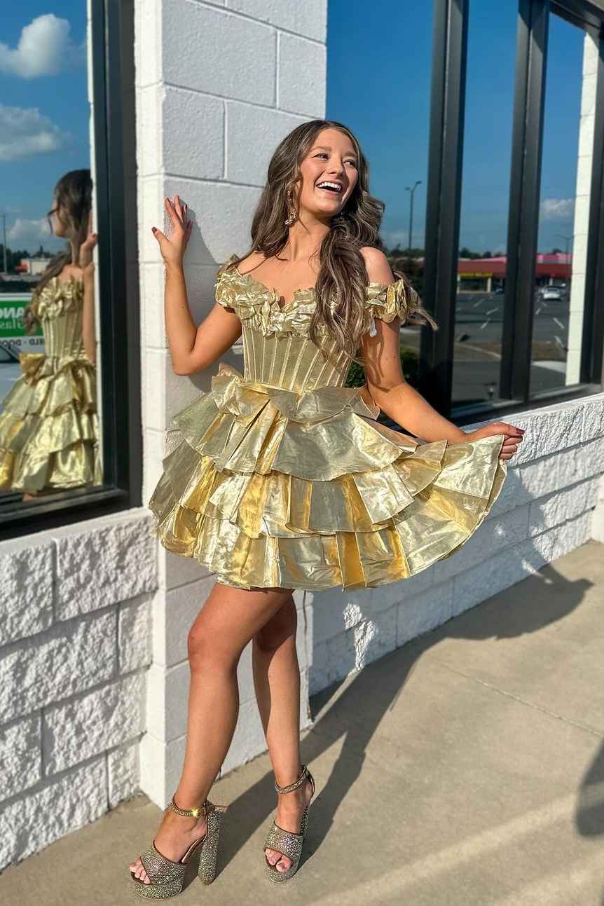 Off the Shoulder Tiered Metallic Ruched Short Homecoming Dress Modsele Off the Shoulder Tiered Metallic Ruched Short Homecoming Dress Modsele