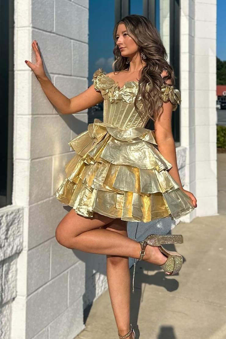 Off the Shoulder Tiered Metallic Ruched Short Homecoming Dress