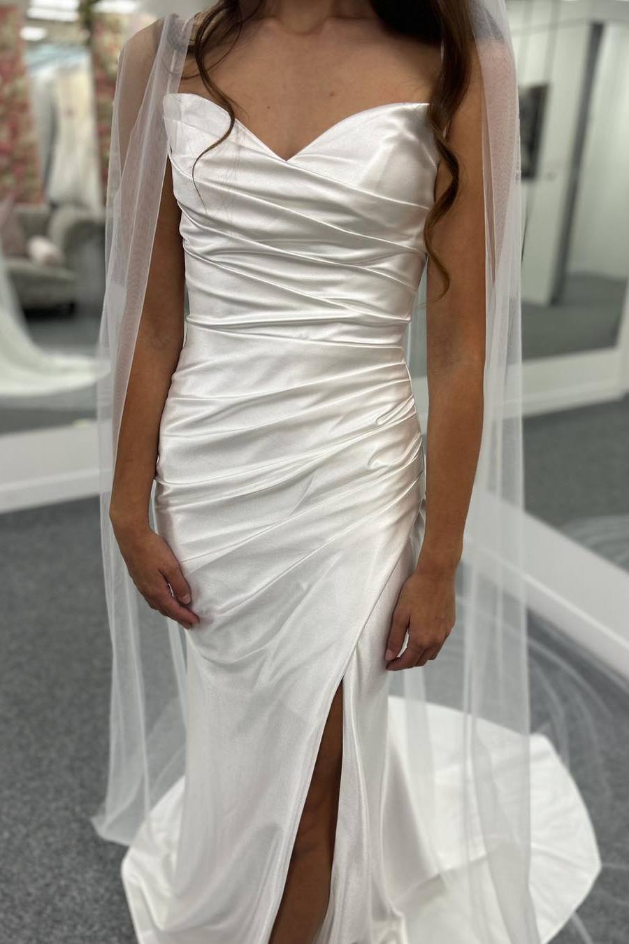 Strapless V-Neck Mermaid Satin Pleated Beach Wedding Dress with Slit