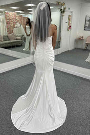 Strapless V-Neck Mermaid Satin Pleated Beach Wedding Dress with Slit